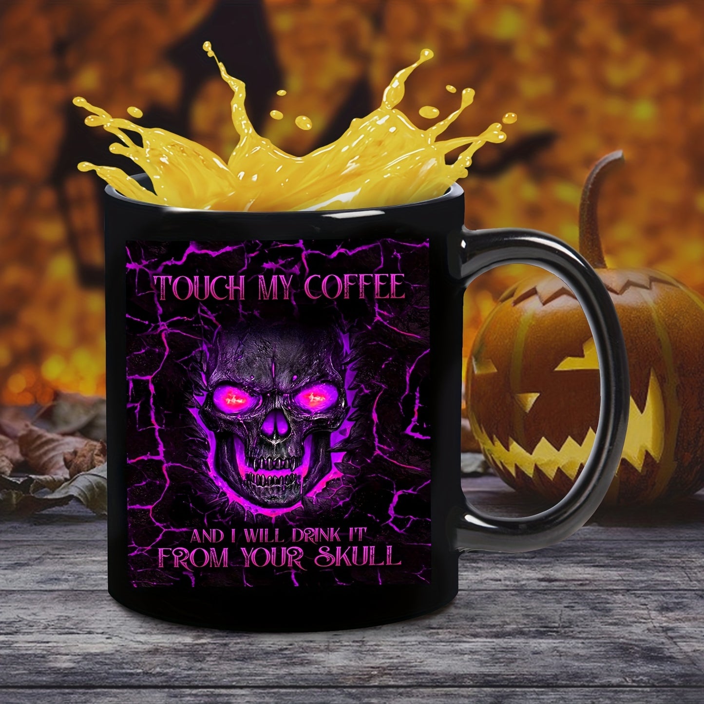 Menacing Gothic Skull Coffee Mug - Touch My Coffee I Drink It From Your Skull - Cup with Purple Glow Eyes & Crackle Design - Reusable Black Gothic Cup for Halloween, Día de los Muertos, Themed Parties (Hand Wash Only), Hallo