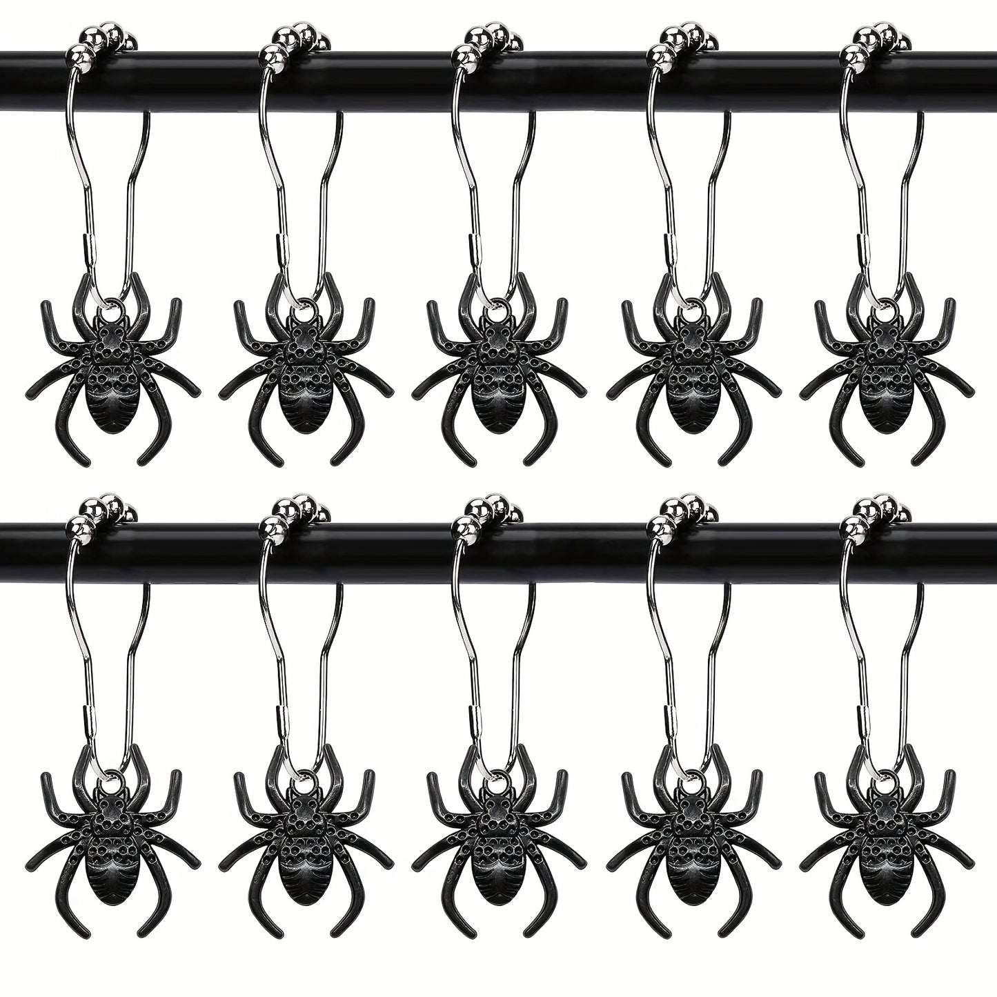 12pcs Spider Pendant Shower Curtain Hook, Curtain Hook With Rolling Bead, Rustproof Shower Curtain Hook For Bathroom Curtain Rod, Bathroom Accessories, Halloween Decorations