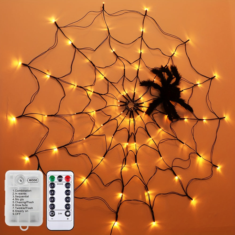 1pc Halloween Spider Web Lights, 1M 3.3FT Diameter 70 LEDs With Black Spider LED Net Lights, Remote Control, 8 Modes Cobweb Halloween Decorations, For House Indoor Scary Theme