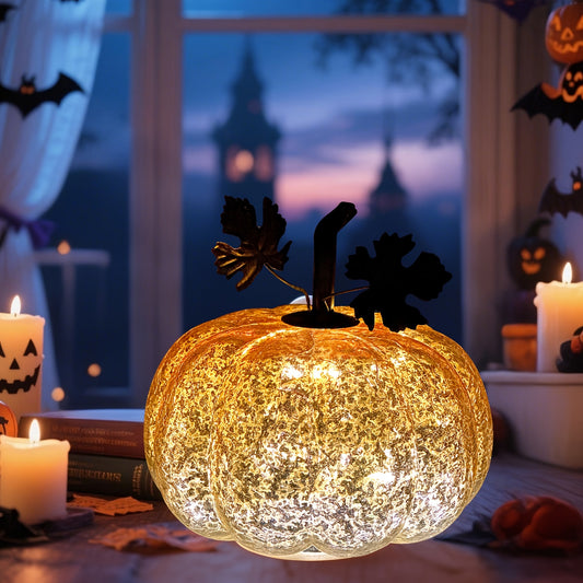 Golden Glass Pumpkin Night Light - Elegant Glowing Table Centerpiece with Warm White & Golden Light, Battery-Powered (Not Included) - Durable Glass Construction for Halloween, Christmas, Thanksgiving, Fall Harvest Decor - Man