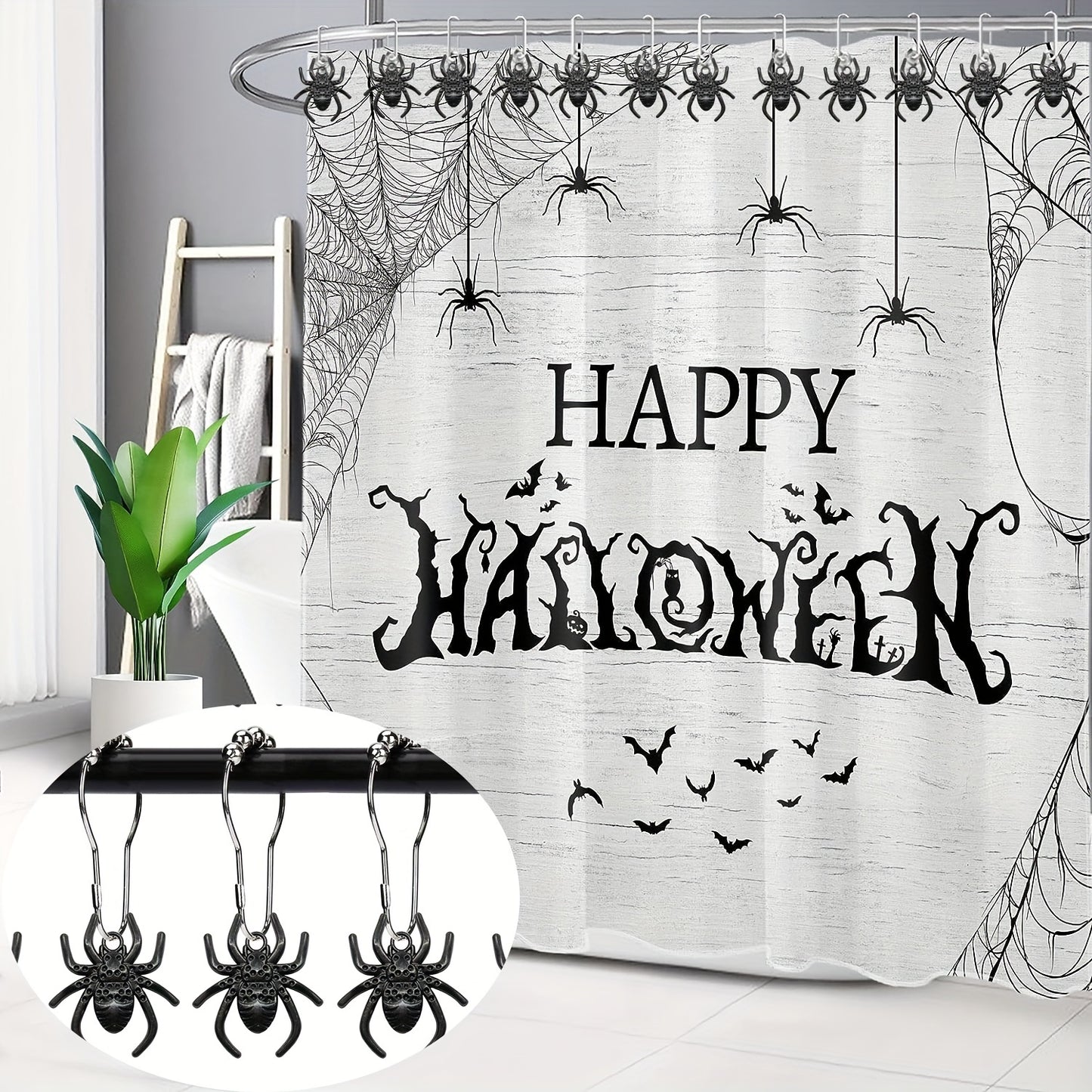 12pcs Spider Pendant Shower Curtain Hook, Curtain Hook With Rolling Bead, Rustproof Shower Curtain Hook For Bathroom Curtain Rod, Bathroom Accessories, Halloween Decorations