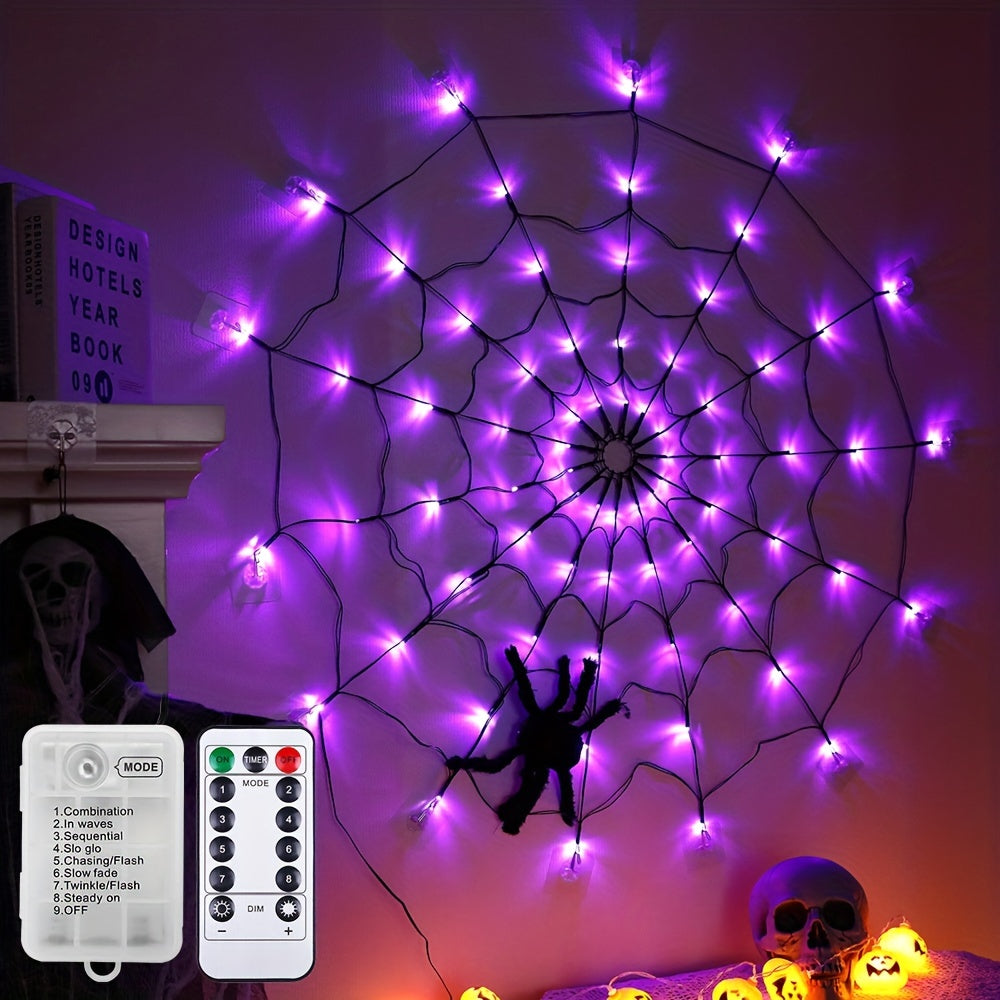 1pc Halloween Spider Web Lights, 1M 3.3FT Diameter 70 LEDs With Black Spider LED Net Lights, Remote Control, 8 Modes Cobweb Halloween Decorations, For House Indoor Scary Theme