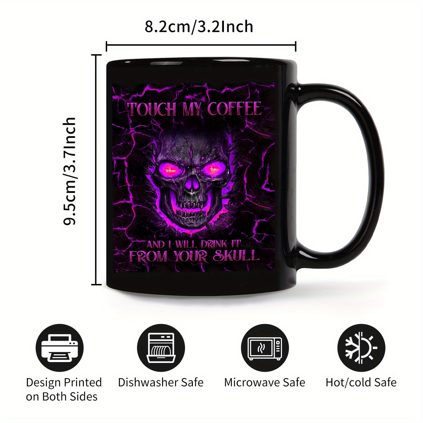 Menacing Gothic Skull Coffee Mug - Touch My Coffee I Drink It From Your Skull - Cup with Purple Glow Eyes & Crackle Design - Reusable Black Gothic Cup for Halloween, Día de los Muertos, Themed Parties (Hand Wash Only), Hallo