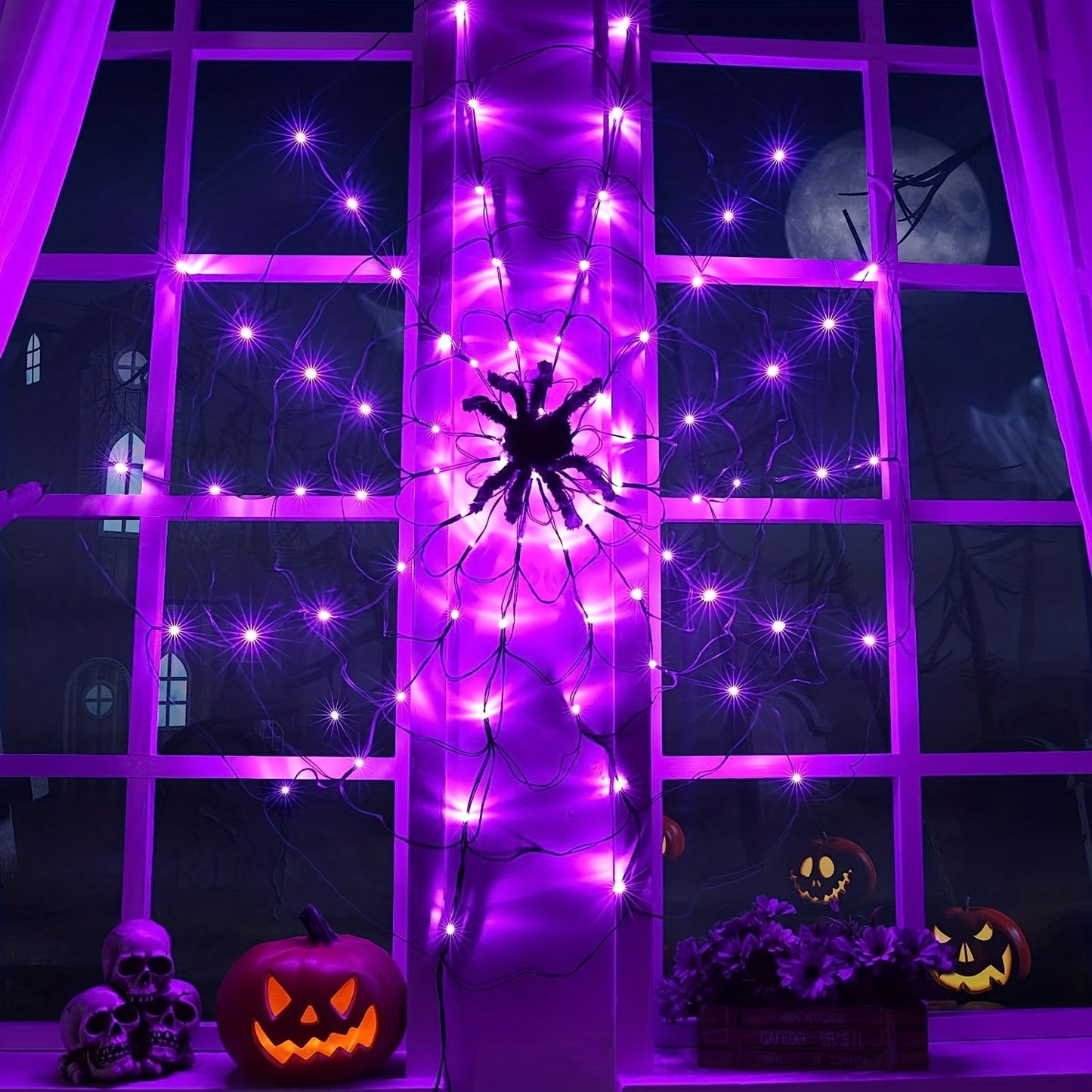 1pc Halloween Spider Web Lights, 1M 3.3FT Diameter 70 LEDs With Black Spider LED Net Lights, Remote Control, 8 Modes Cobweb Halloween Decorations, For House Indoor Scary Theme