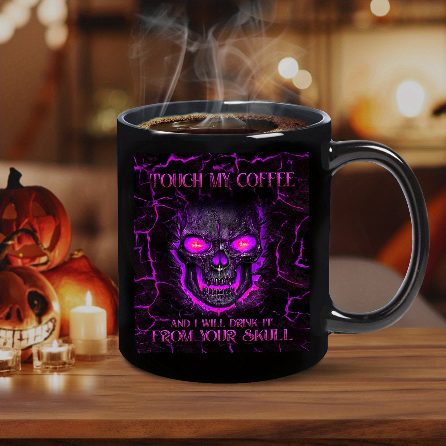 Menacing Gothic Skull Coffee Mug - Touch My Coffee I Drink It From Your Skull - Cup with Purple Glow Eyes & Crackle Design - Reusable Black Gothic Cup for Halloween, Día de los Muertos, Themed Parties (Hand Wash Only), Hallo