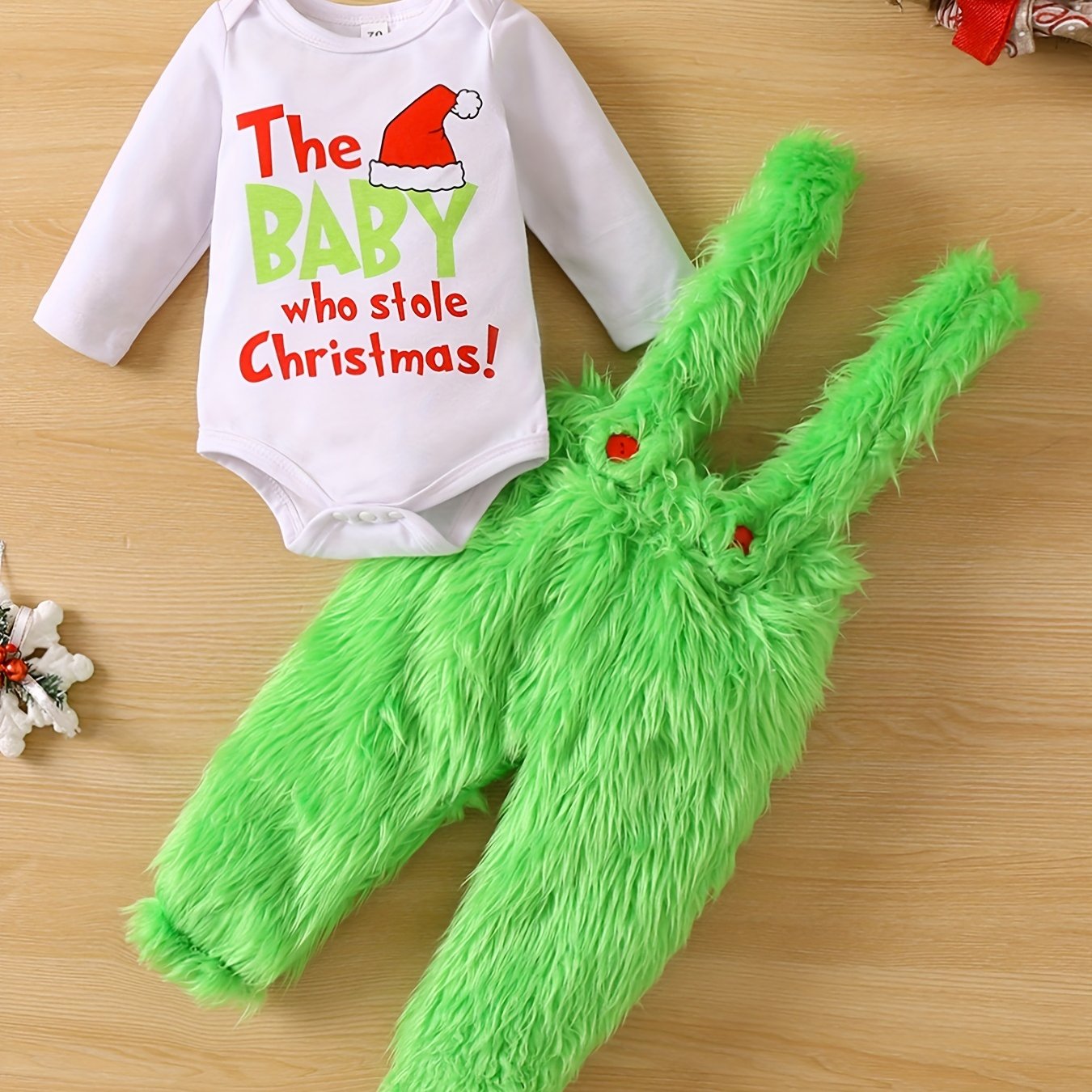 Adorable Baby Christmas Outfit - Funny Graphic Crew Neck Long Sleeve Romper + Green Fuzzy Suspender Pants Clothes Set, Outdoor Cloth