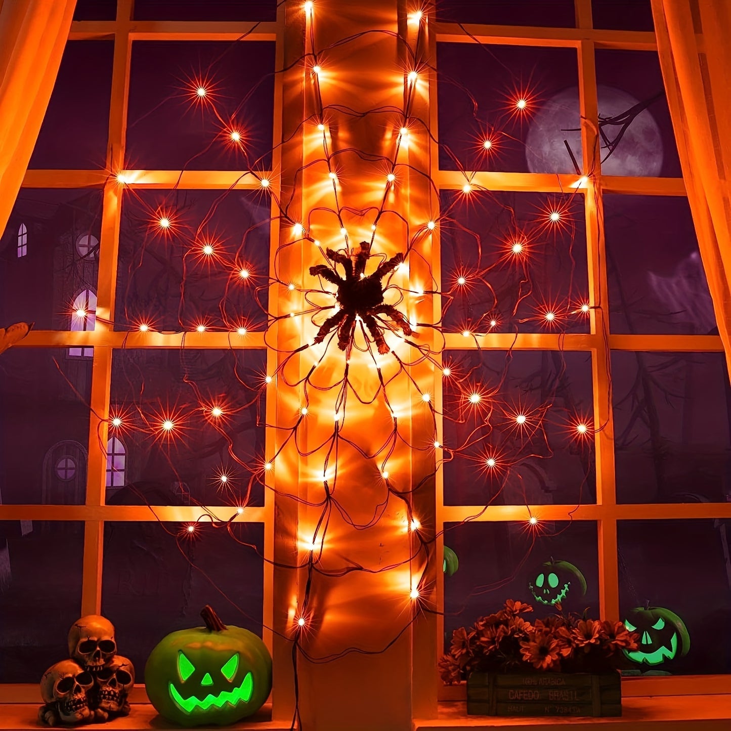 1pc Halloween Spider Web Lights, 1M 3.3FT Diameter 70 LEDs With Black Spider LED Net Lights, Remote Control, 8 Modes Cobweb Halloween Decorations, For House Indoor Scary Theme