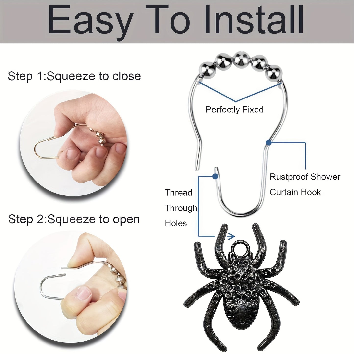 12pcs Spider Pendant Shower Curtain Hook, Curtain Hook With Rolling Bead, Rustproof Shower Curtain Hook For Bathroom Curtain Rod, Bathroom Accessories, Halloween Decorations