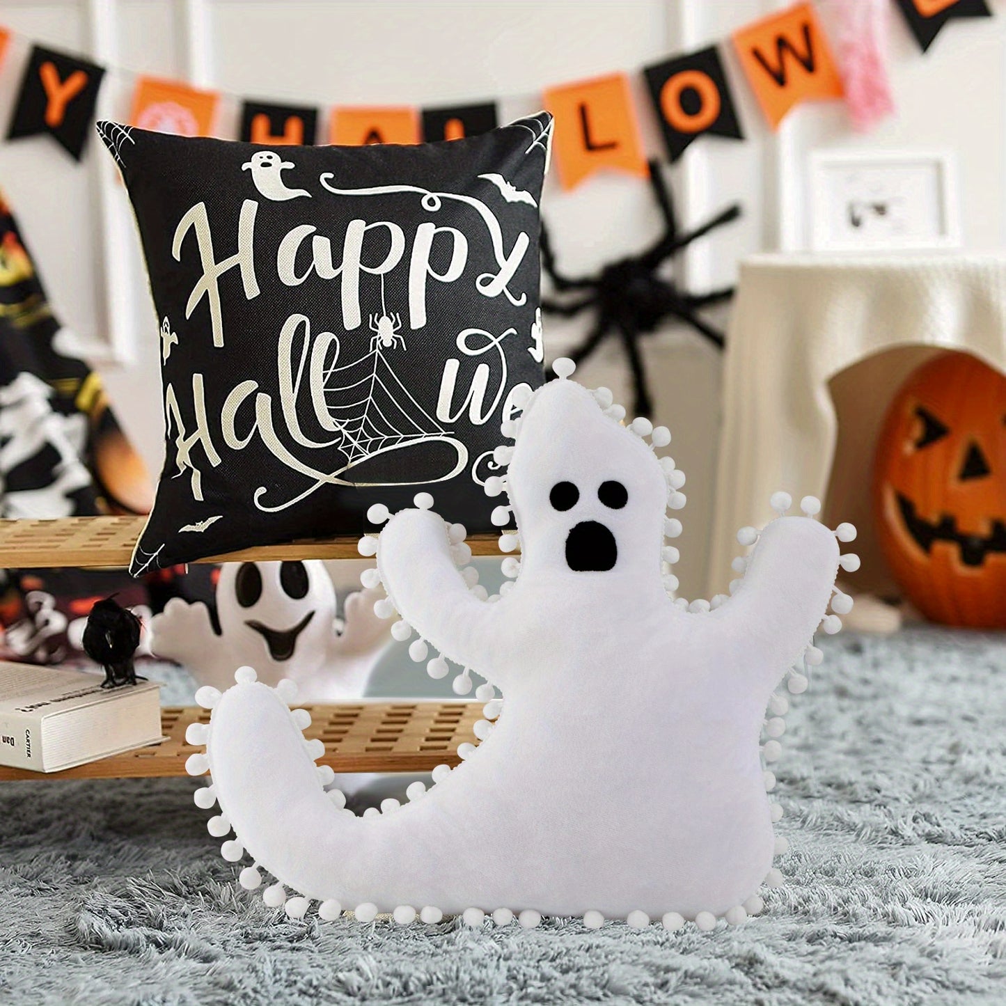 1pc Cute Ghost Pillow, Spooky Ghost Shaped Throw Pillow, Halloween Decorations Plush Pillow For Holiday Party Gift Cotton Sofa Bed Cushion Home Decor, 16*15 Inches