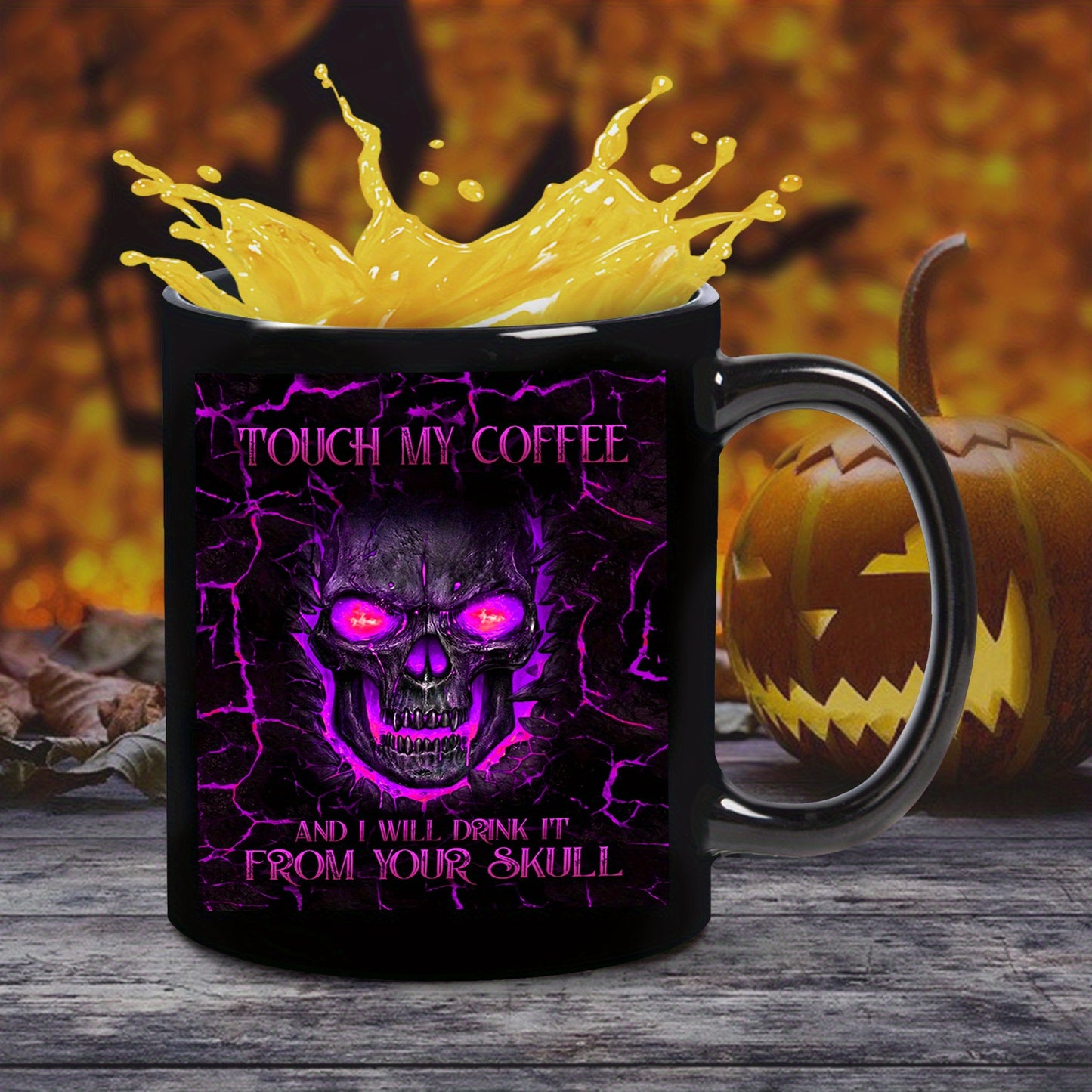 Menacing Gothic Skull Coffee Mug - Touch My Coffee I Drink It From Your Skull - Cup with Purple Glow Eyes & Crackle Design - Reusable Black Gothic Cup for Halloween, Día de los Muertos, Themed Parties (Hand Wash Only), Hallo