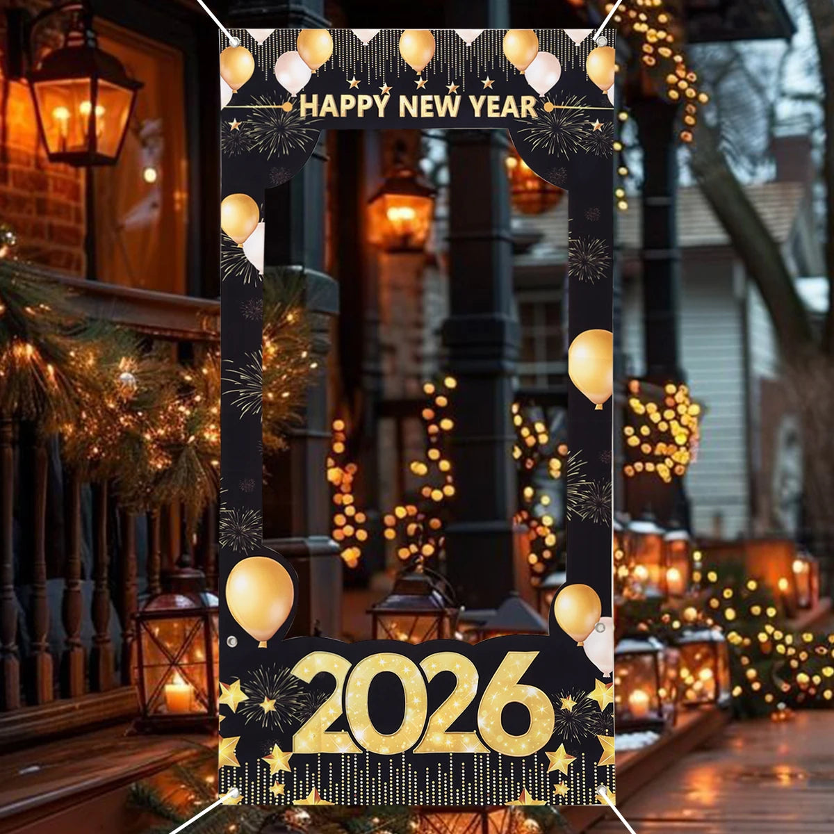 2026 Happy New Year Photo Frame Photo Booth Props Firework Shiny New Year Background Prop Golden Balloon Photography Backdrop