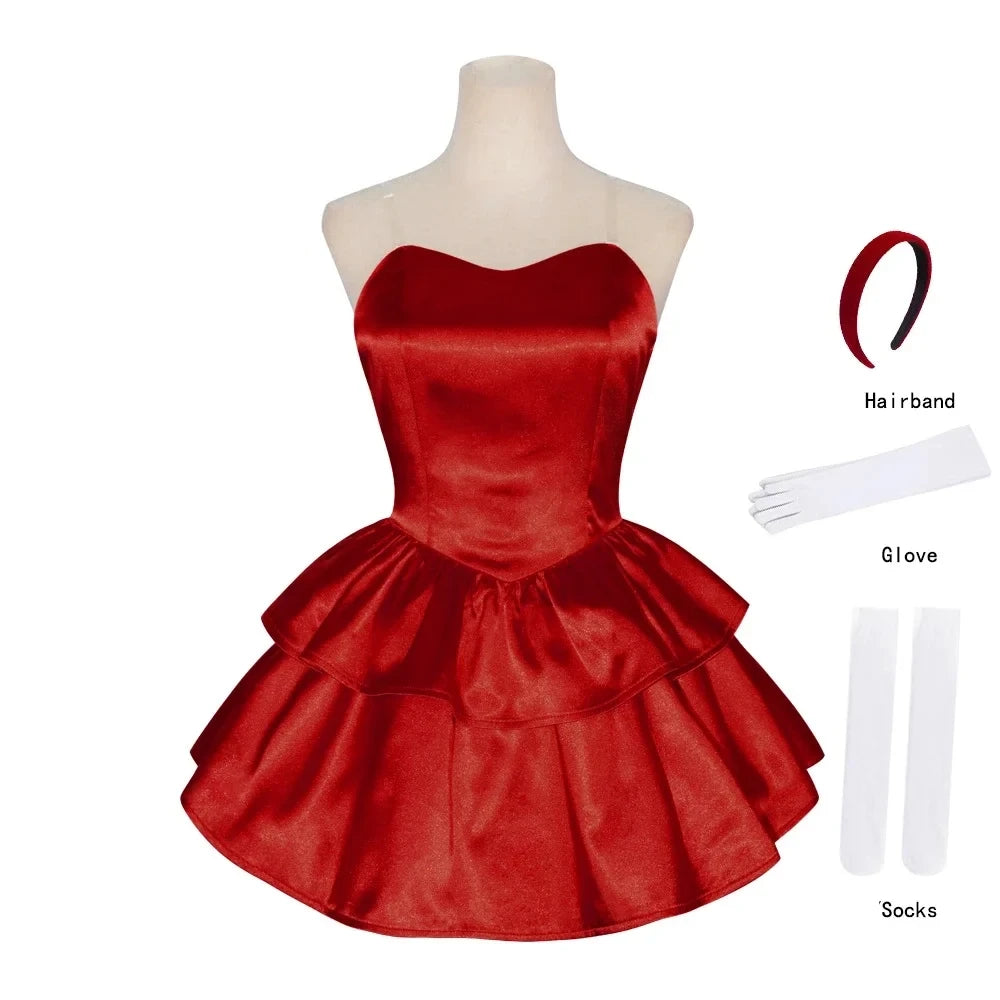 Halloween  Costume de Cosplay Mima bleu parfait, robe Tube rouge sans bretelles avec bandeau avec bas et gants aux cuisses
