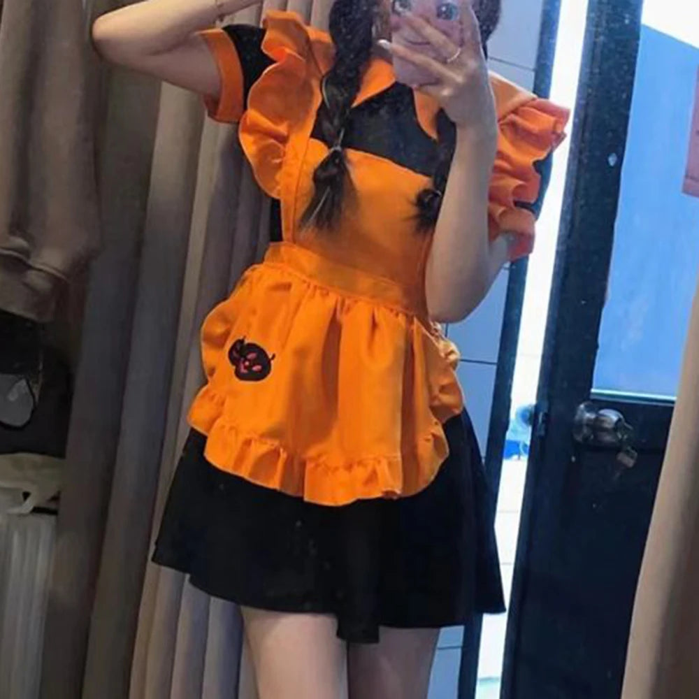 Halloween costume  cosplay  restaurant  anime costume embroidery pumpkin maid  vestido birthday dress for women