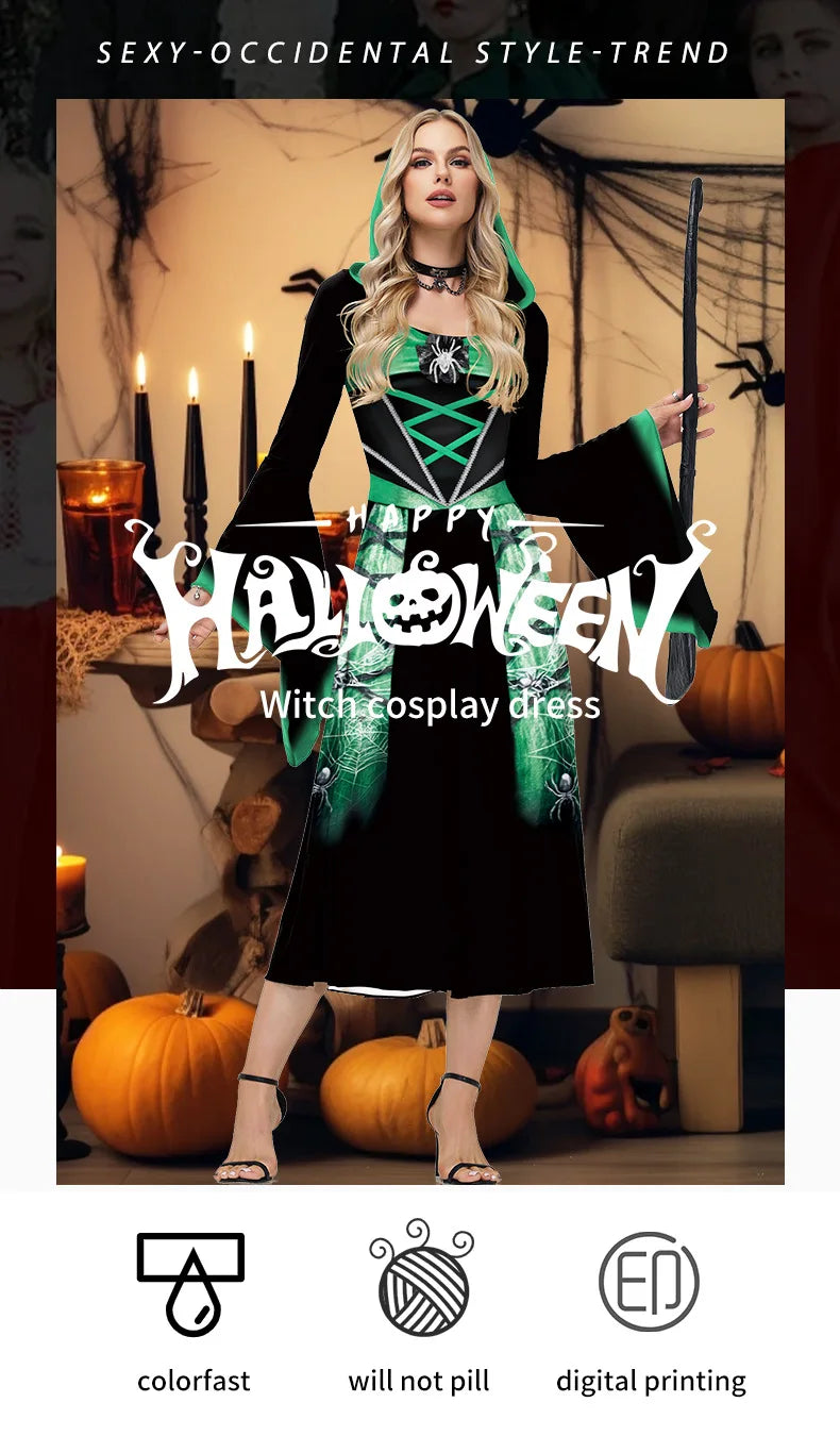 Halloween Skeleton Cosplay Costumes for Women Medieval Robe Vintage Party Hooded Dress Witch Scary Clothes Day of The Dead