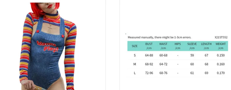 Halloween Costumes for Women Scary Nightmare Killer Doll Movie Wanna Play Print Sexy Bodysuit Jumpsuit Costume