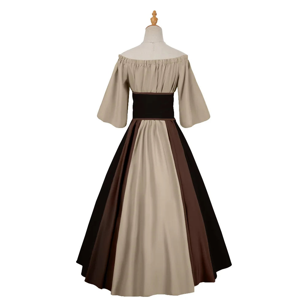 Halloween Costumes for Women Medieval Retro Contrasting Color Slim Swing Dress One-word Shoulder Dress Love Live Cosplay