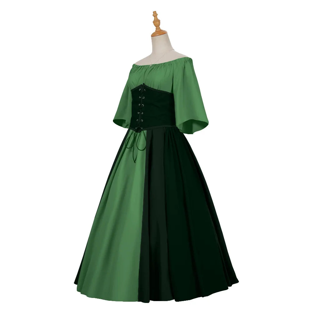Halloween Costumes for Women Medieval Retro Contrasting Color Slim Swing Dress One-word Shoulder Dress Love Live Cosplay