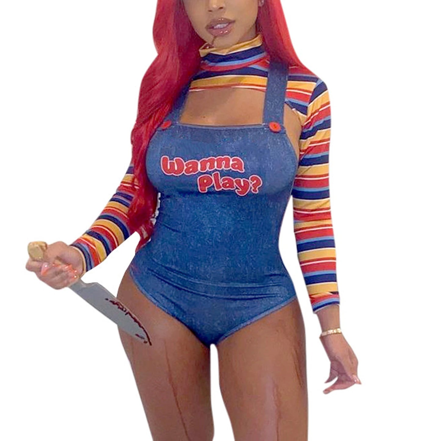 Halloween Costumes for Women Scary Nightmare Killer Doll Movie Wanna Play Print Sexy Bodysuit Jumpsuit Costume