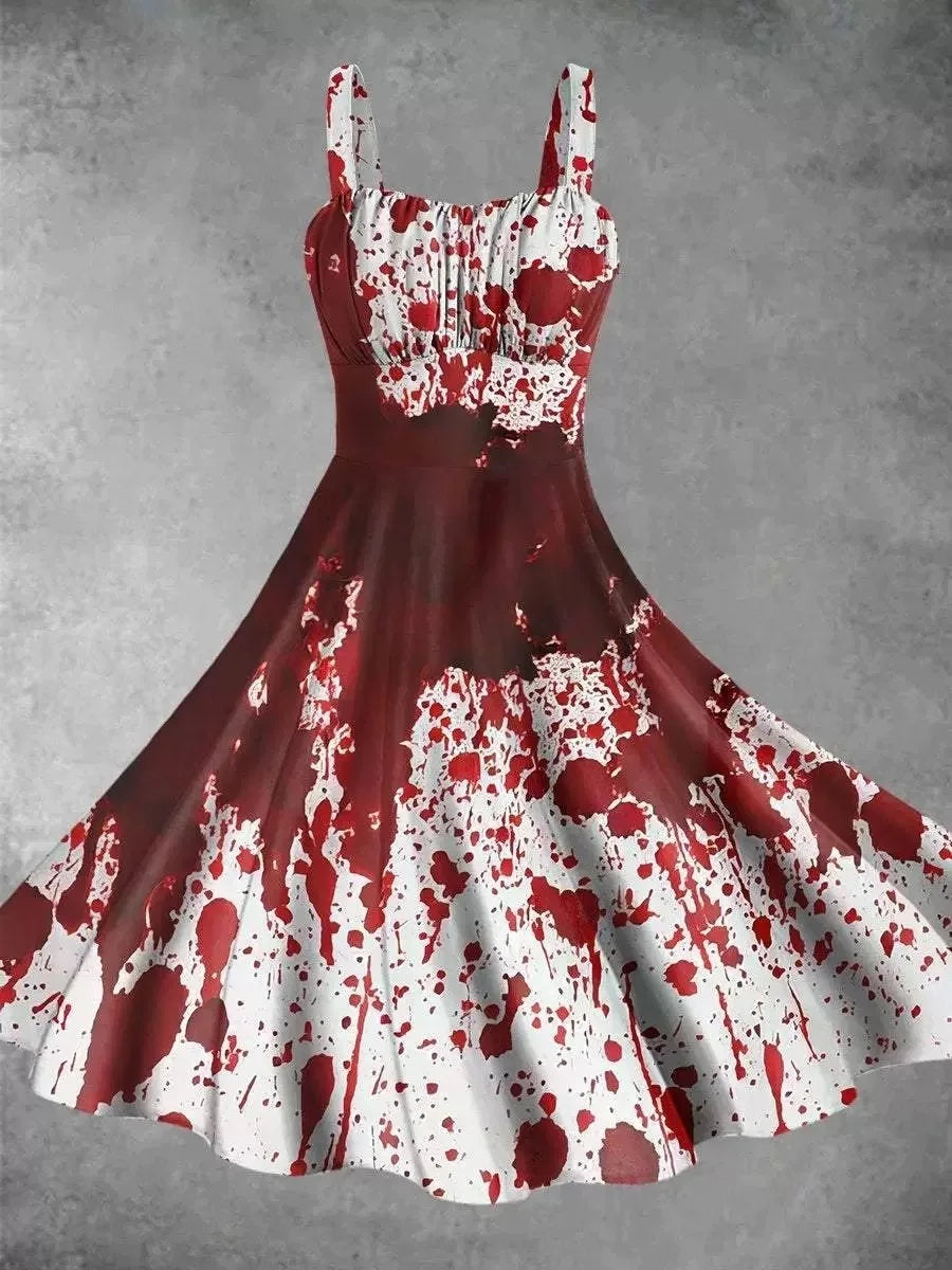 Halloween Cosplay Women Dress Fashion Retro Funny Horror Theme Bloody Printed Casual Suspender Strappy Dress Witch Costumes