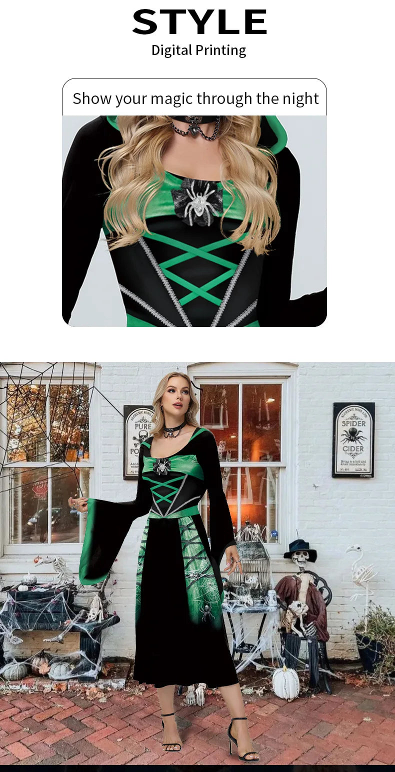 Halloween Skeleton Cosplay Costumes for Women Medieval Robe Vintage Party Hooded Dress Witch Scary Clothes Day of The Dead
