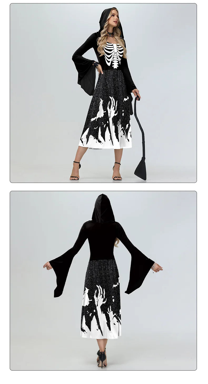 Halloween Skeleton Cosplay Costumes for Women Medieval Robe Vintage Party Hooded Dress Witch Scary Clothes Day of The Dead