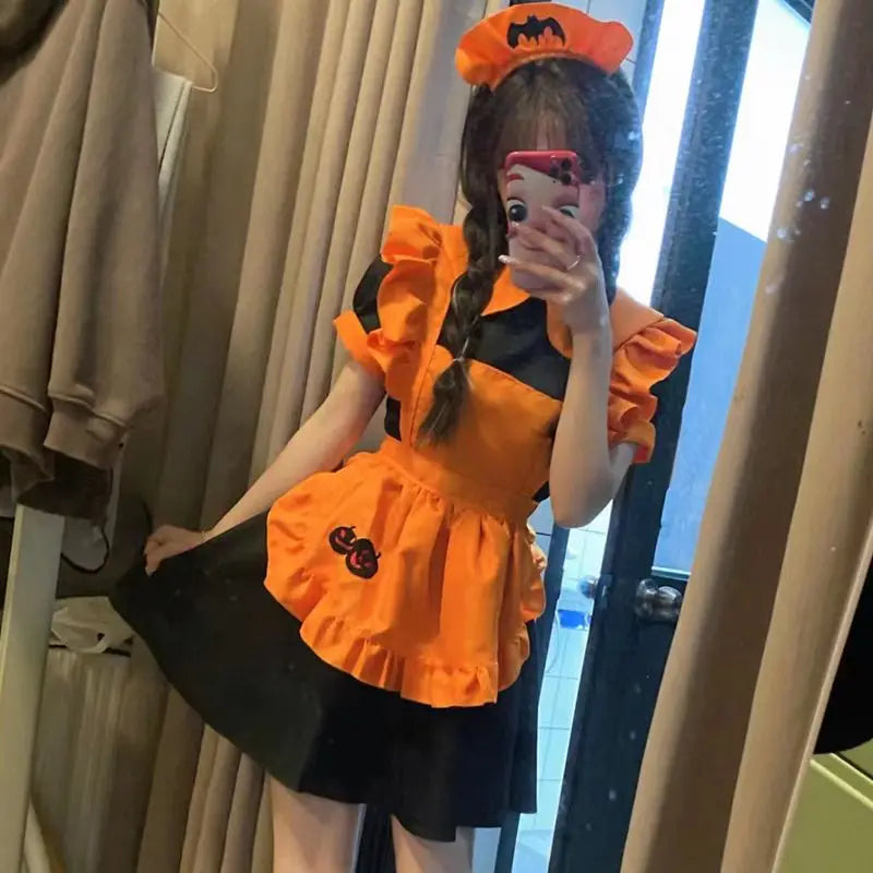 Halloween costume  cosplay  restaurant  anime costume embroidery pumpkin maid  vestido birthday dress for women