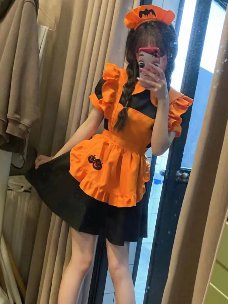 Halloween costume  cosplay  restaurant  anime costume embroidery pumpkin maid  vestido birthday dress for women