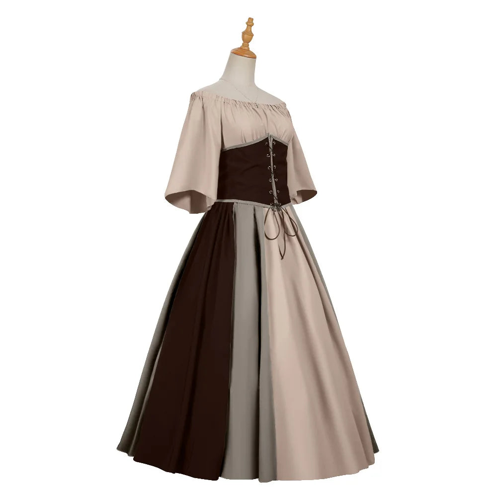 Halloween Costumes for Women Medieval Retro Contrasting Color Slim Swing Dress One-word Shoulder Dress Love Live Cosplay