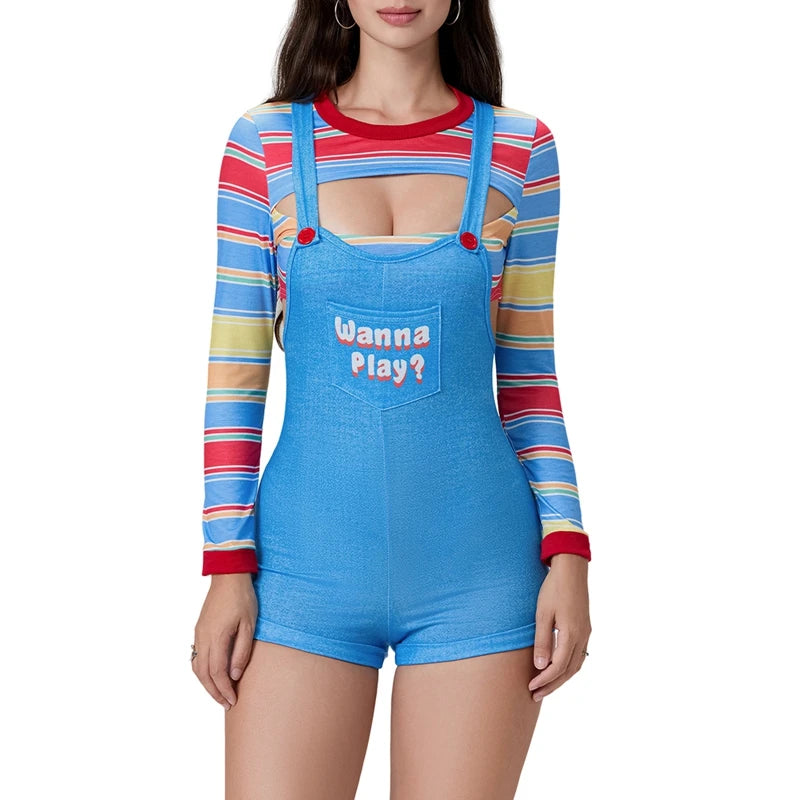 Halloween Costumes for Women Scary Nightmare Killer Doll Movie Wanna Play Print Sexy Bodysuit Jumpsuit Costume