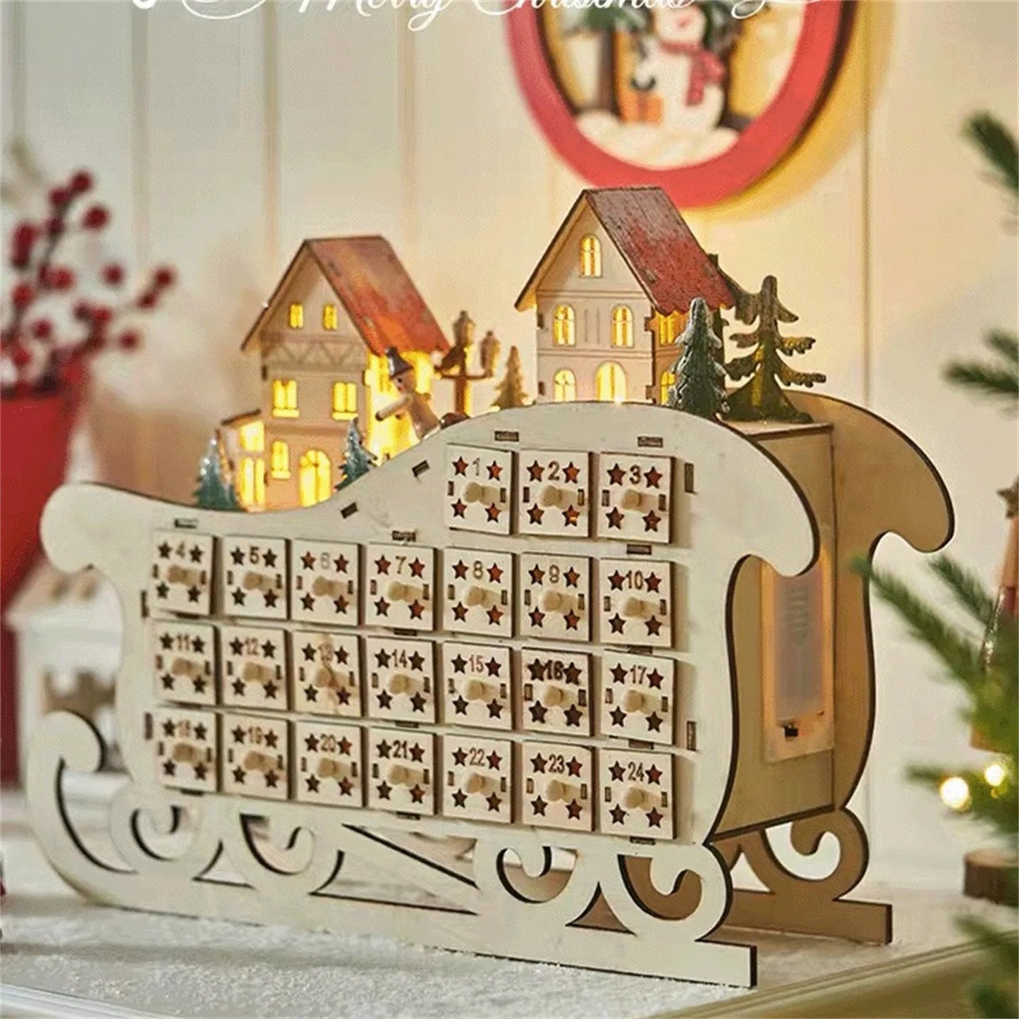 Christmas 24-days Countdown Calendar Creative Sleigh Calendar Wooden Ornament Christmas Decoration Christmas Gift For Friends 