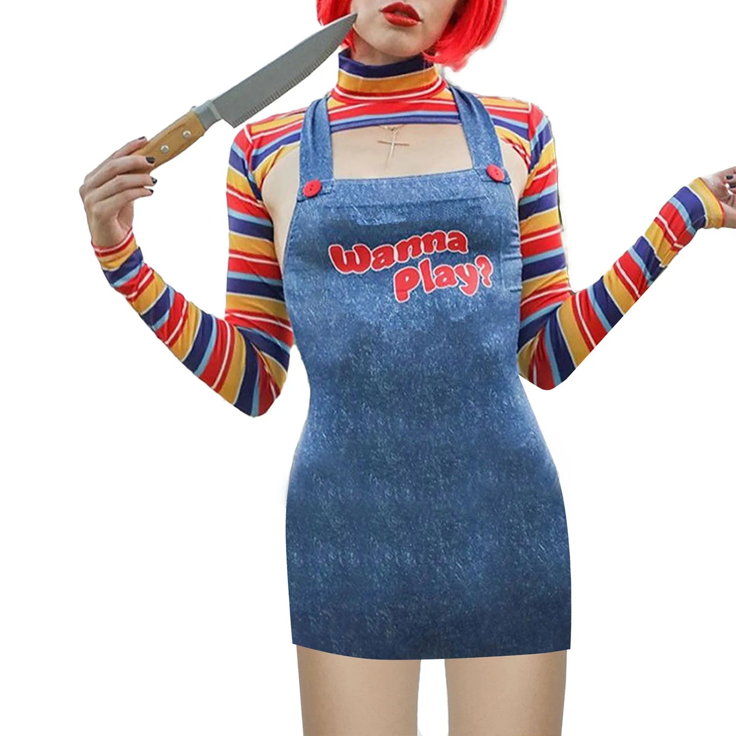 Halloween Costumes for Women Scary Nightmare Killer Doll Movie Wanna Play Print Sexy Bodysuit Jumpsuit Costume
