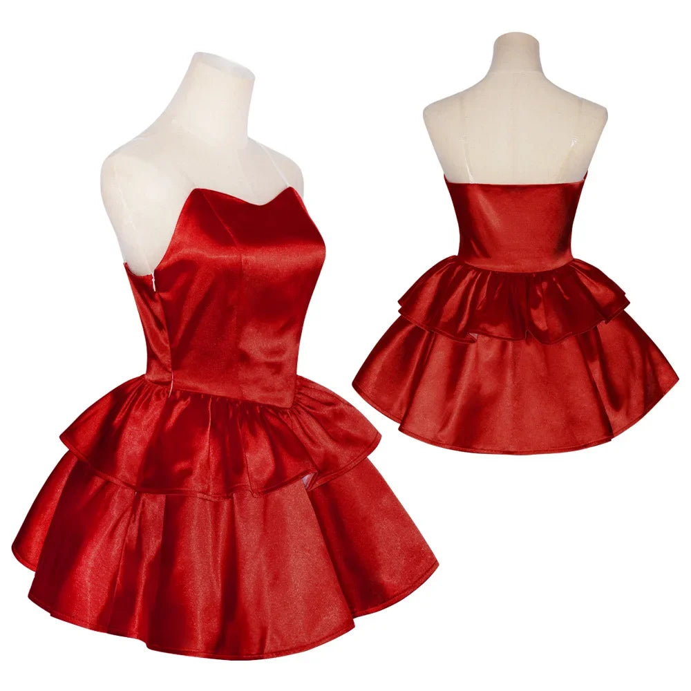 Halloween  Costume de Cosplay Mima bleu parfait, robe Tube rouge sans bretelles avec bandeau avec bas et gants aux cuisses