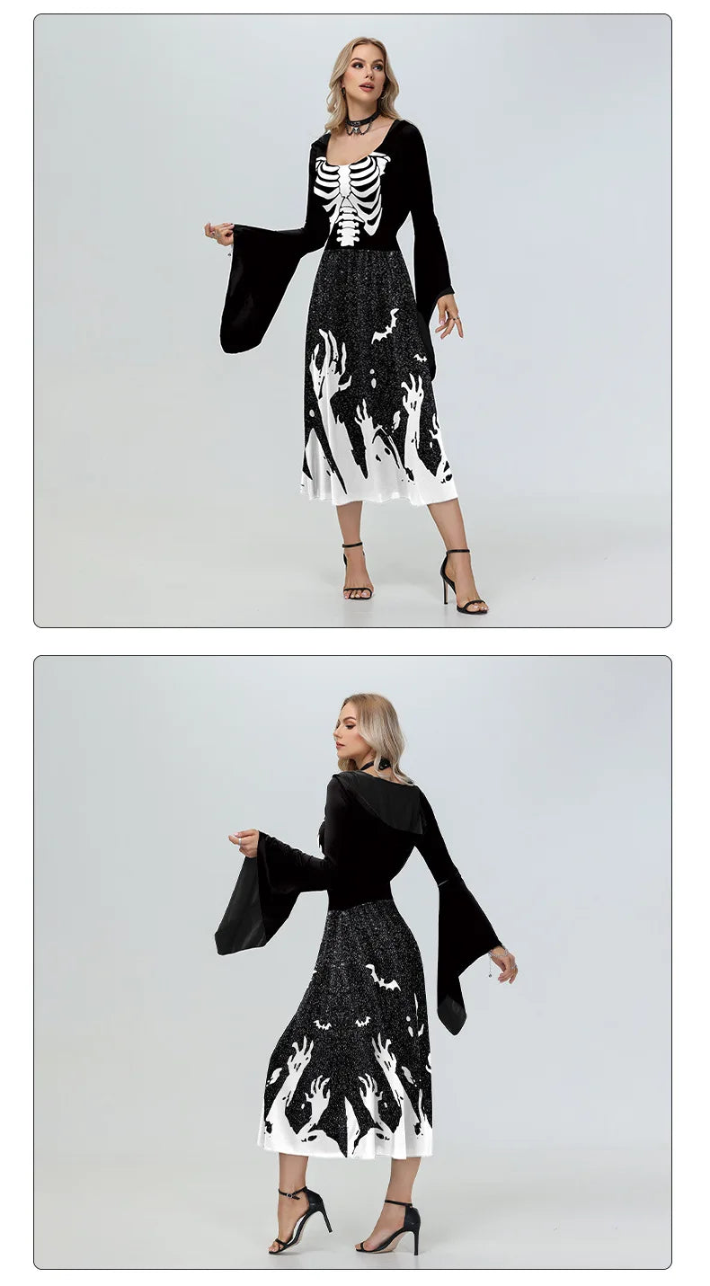 Halloween Skeleton Cosplay Costumes for Women Medieval Robe Vintage Party Hooded Dress Witch Scary Clothes Day of The Dead