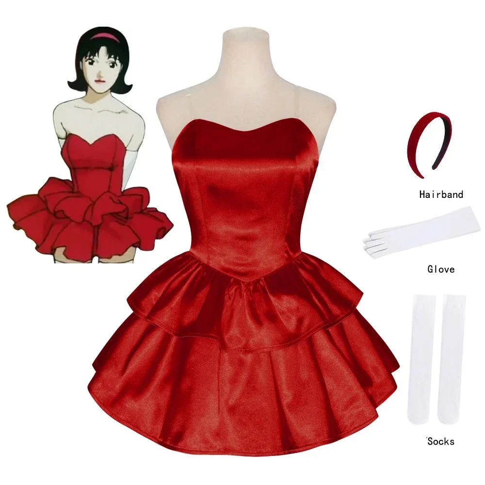 Halloween  Costume de Cosplay Mima bleu parfait, robe Tube rouge sans bretelles avec bandeau avec bas et gants aux cuisses