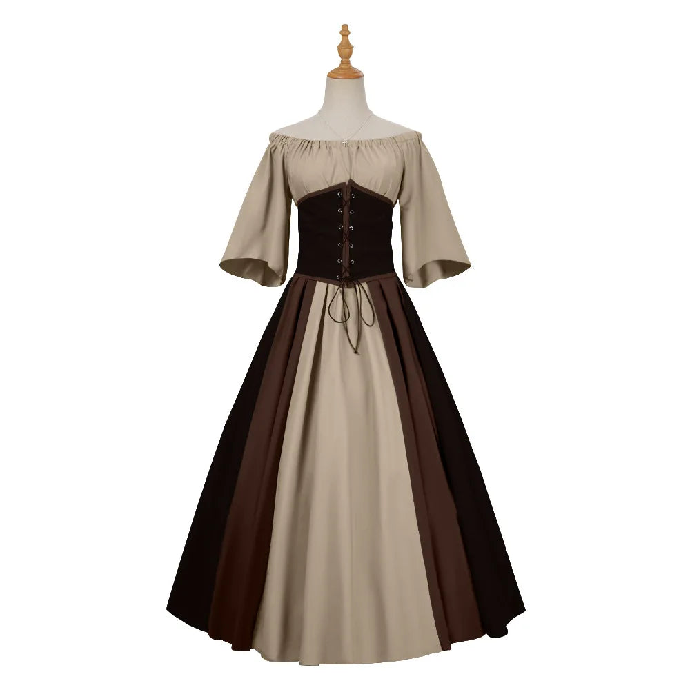 Halloween Costumes for Women Medieval Retro Contrasting Color Slim Swing Dress One-word Shoulder Dress Love Live Cosplay