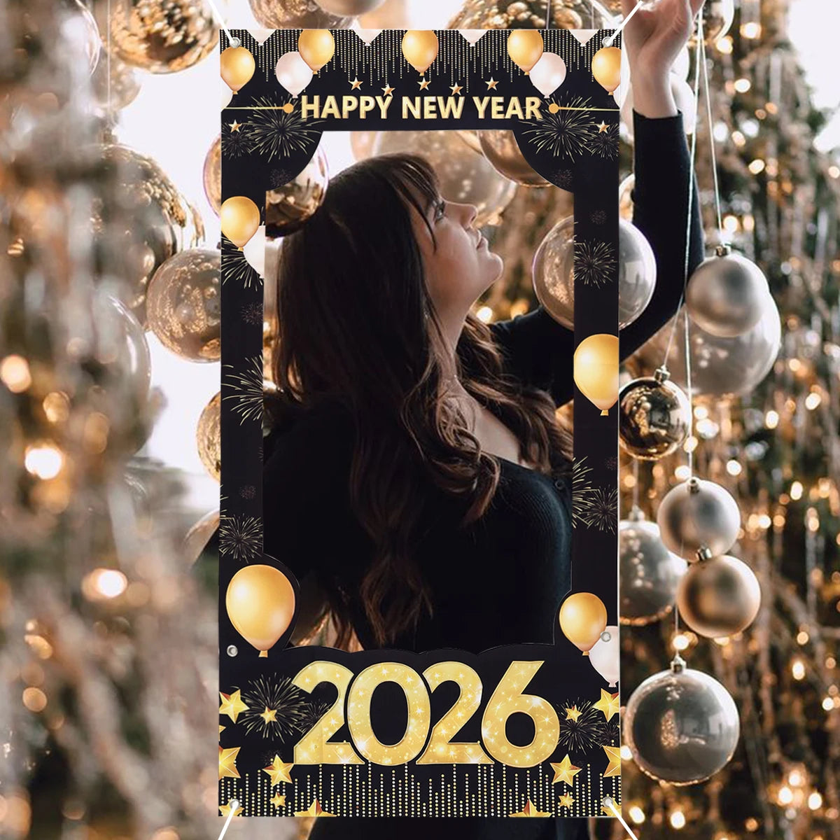2026 Happy New Year Photo Frame Photo Booth Props Firework Shiny New Year Background Prop Golden Balloon Photography Backdrop