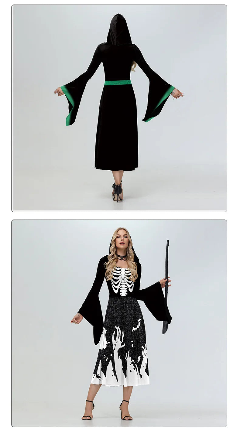 Halloween Skeleton Cosplay Costumes for Women Medieval Robe Vintage Party Hooded Dress Witch Scary Clothes Day of The Dead