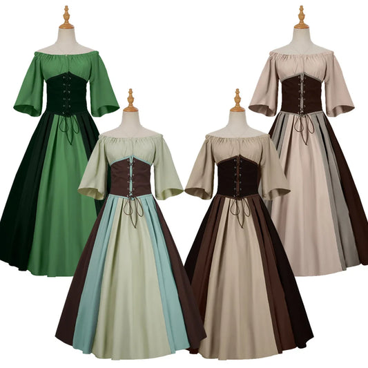 Halloween Costumes for Women Medieval Retro Contrasting Color Slim Swing Dress One-word Shoulder Dress Love Live Cosplay
