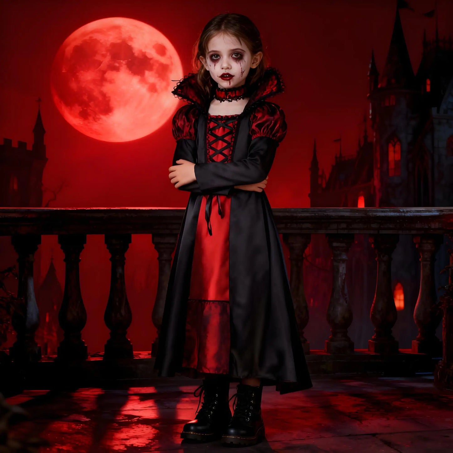 Halloween Fantasy Children's Costumes Ghost Bride Gothic Cosplay Girls Red Vampire Day of The Dead Kids Costumes for Girls