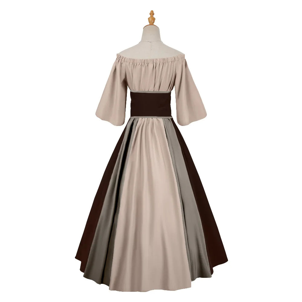 Halloween Costumes for Women Medieval Retro Contrasting Color Slim Swing Dress One-word Shoulder Dress Love Live Cosplay
