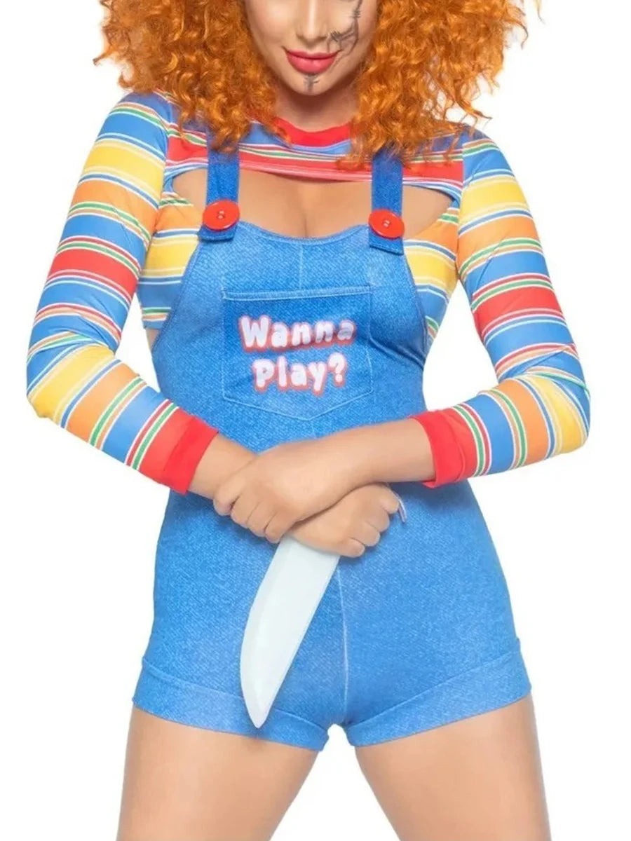 Halloween Costumes for Women Scary Nightmare Killer Doll Movie Wanna Play Print Sexy Bodysuit Jumpsuit Costume