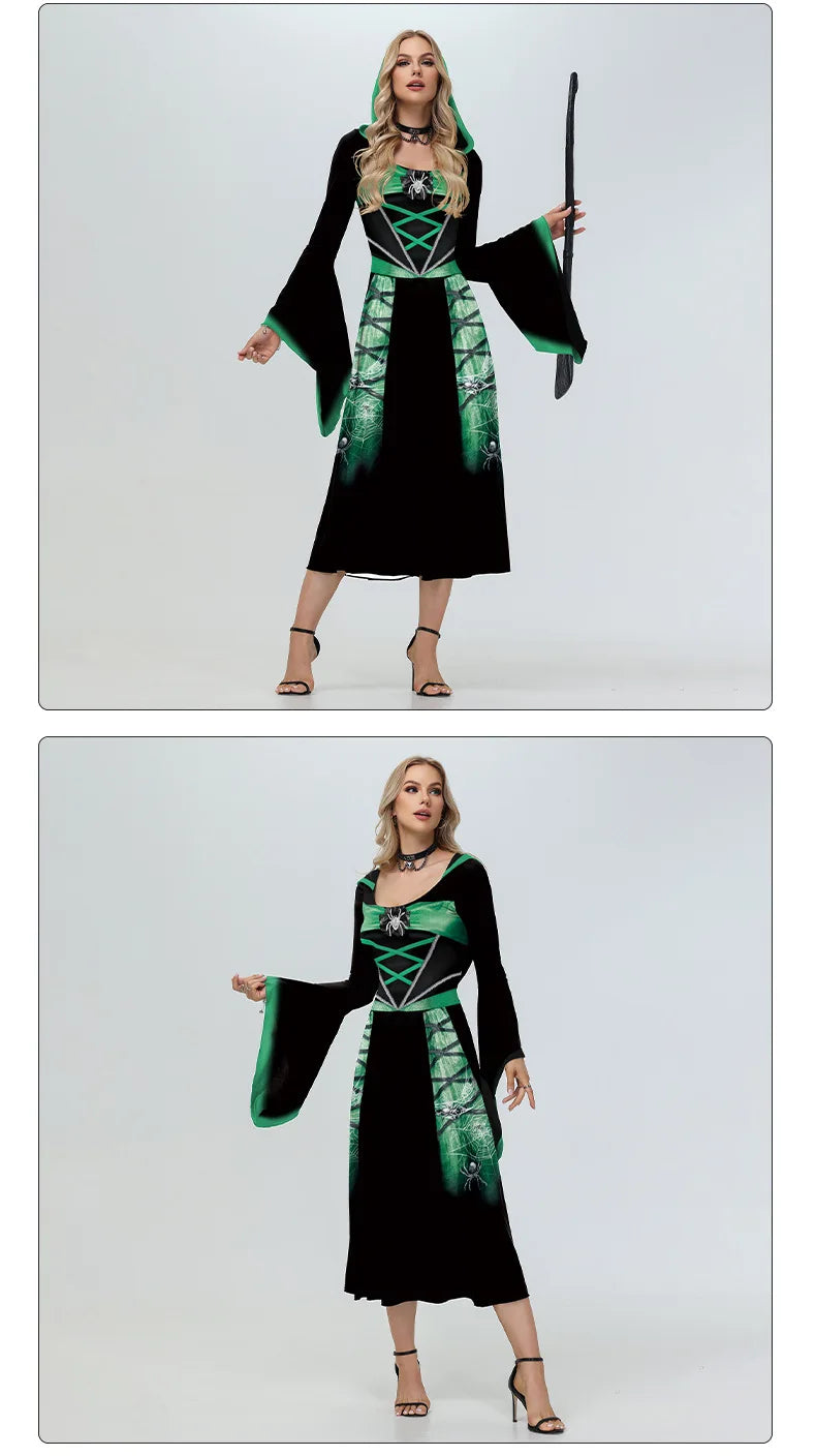 Halloween Skeleton Cosplay Costumes for Women Medieval Robe Vintage Party Hooded Dress Witch Scary Clothes Day of The Dead