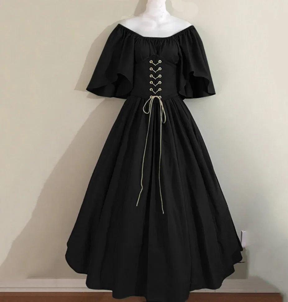 Halloween Costumes for Women Medieval Retro Contrasting Color Slim Swing Dress One-word Shoulder Dress Love Live Cosplay
