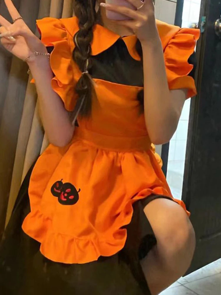 Halloween costume  cosplay  restaurant  anime costume embroidery pumpkin maid  vestido birthday dress for women