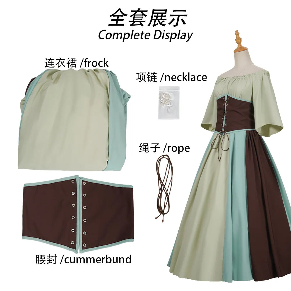 Halloween Costumes for Women Medieval Retro Contrasting Color Slim Swing Dress One-word Shoulder Dress Love Live Cosplay