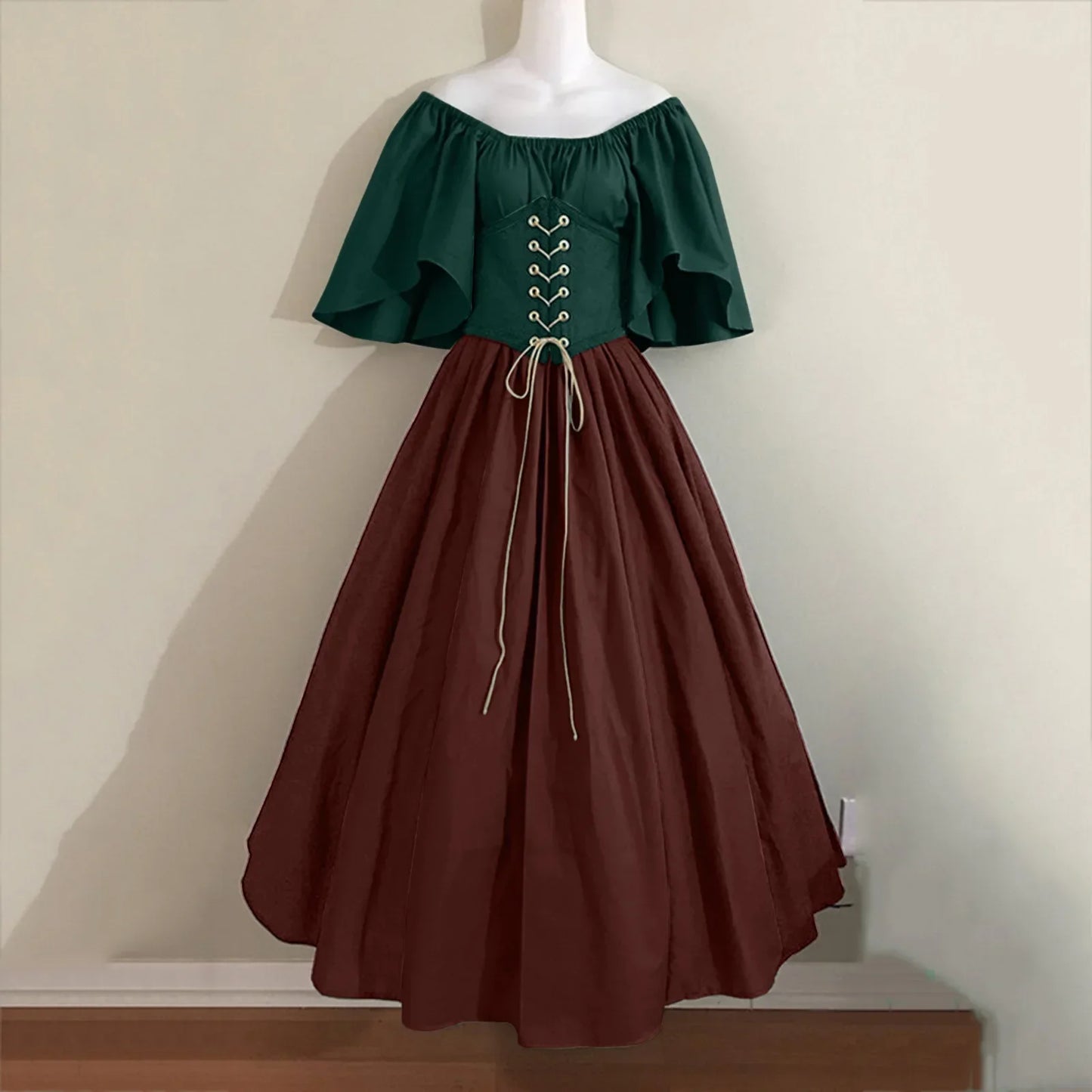 Halloween Costumes for Women Medieval Retro Contrasting Color Slim Swing Dress One-word Shoulder Dress Love Live Cosplay
