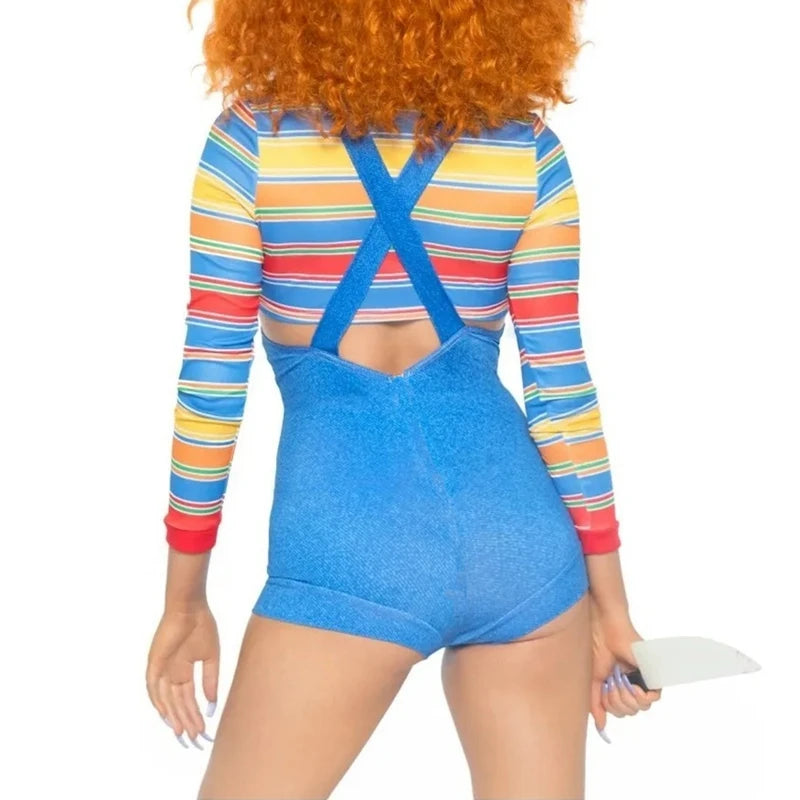 Halloween Costumes for Women Scary Nightmare Killer Doll Movie Wanna Play Print Sexy Bodysuit Jumpsuit Costume