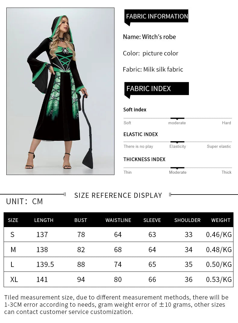 Halloween Skeleton Cosplay Costumes for Women Medieval Robe Vintage Party Hooded Dress Witch Scary Clothes Day of The Dead