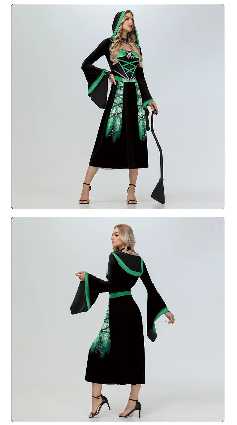 Halloween Skeleton Cosplay Costumes for Women Medieval Robe Vintage Party Hooded Dress Witch Scary Clothes Day of The Dead