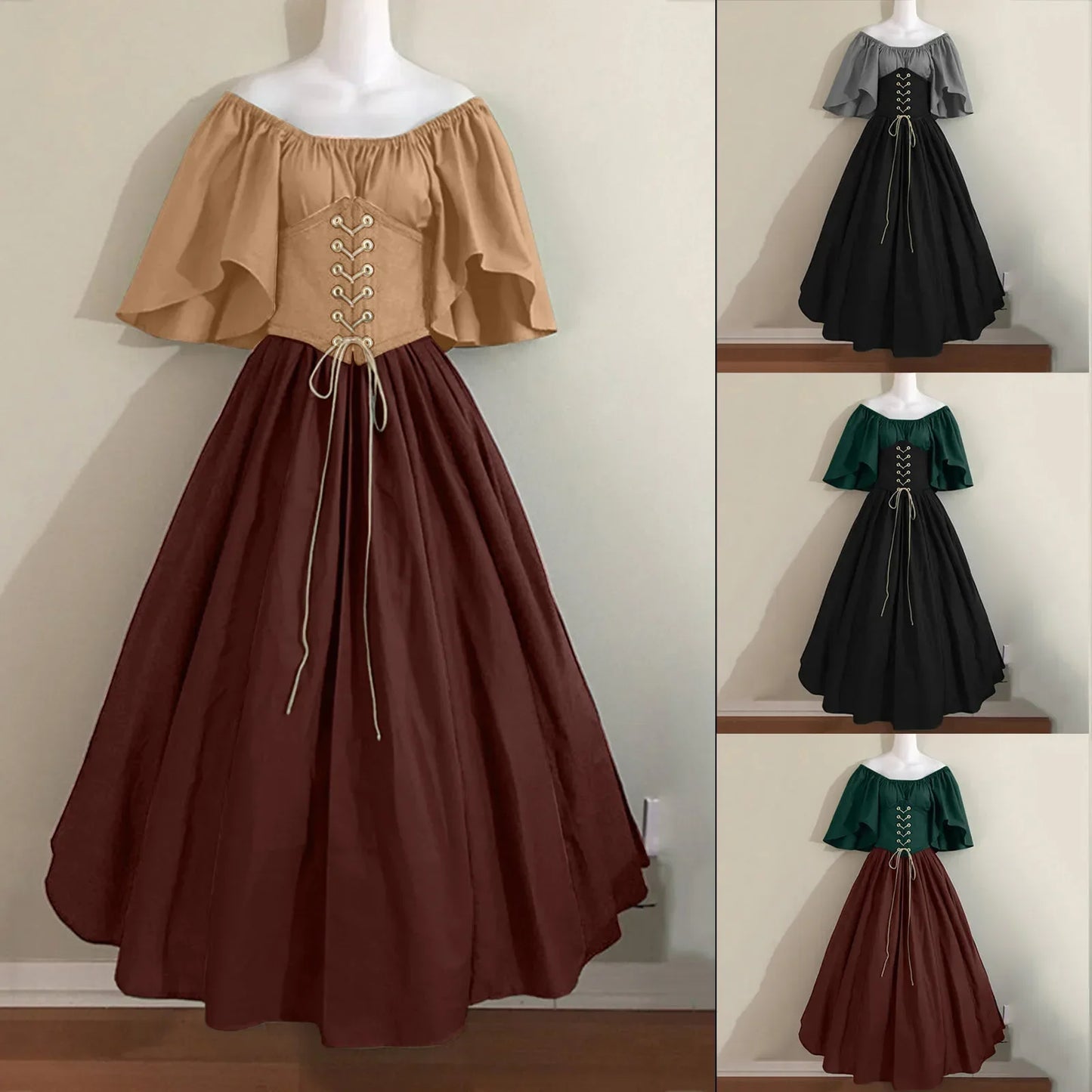 Halloween Costumes for Women Medieval Retro Contrasting Color Slim Swing Dress One-word Shoulder Dress Love Live Cosplay